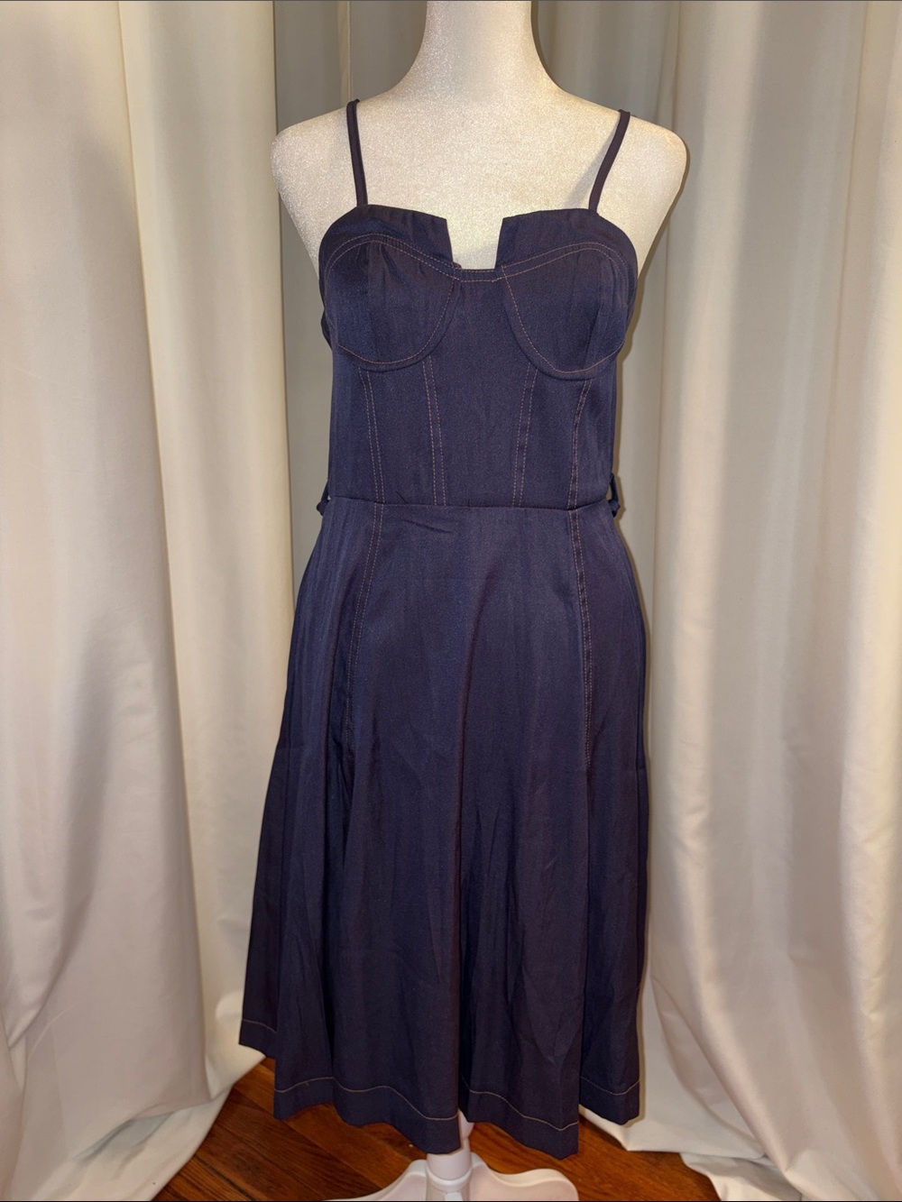 Navy Spaghetti-Strap Midi Dress with Structured Bust
